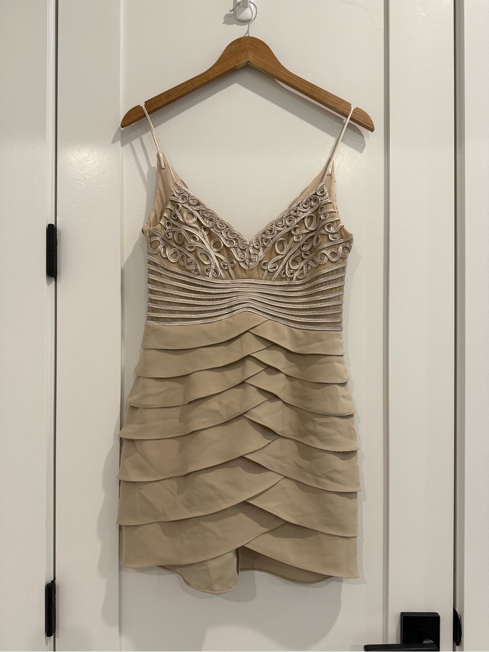 Xscape Beige Embellished Ruffle Tiered Mini Dress